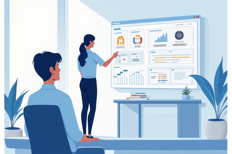 Illustration of a person optimizing their hybrid work schedule with a calendar and multiple screens representing flexibility.